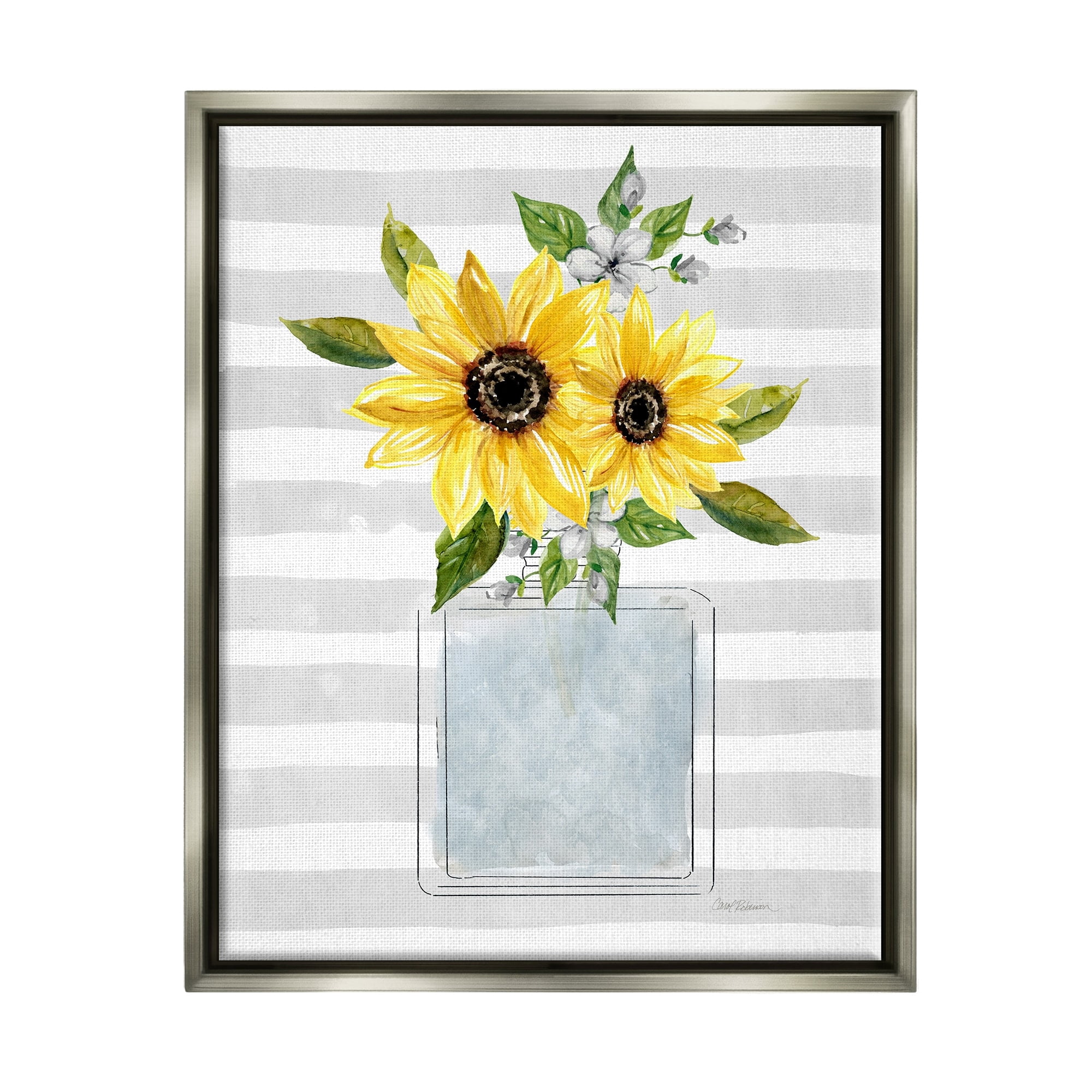 Stupell Industries Flower Blossoms Perfume Bottle Vase Casual Stripes Graphic Art Luster Gray Floating Framed Canvas Print Wall Art, Design by Carol Robinson