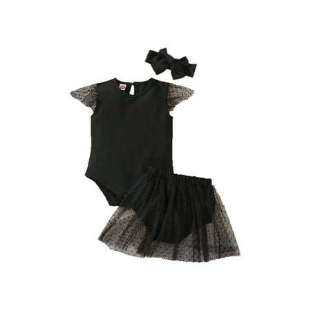 

Canrulo 3Pcs Toddler Infant Baby Girl Clothes Summer Fly Sleeve Romper Top and Elastic Tutu Skirt with Headband Set Black 0-6 Months
