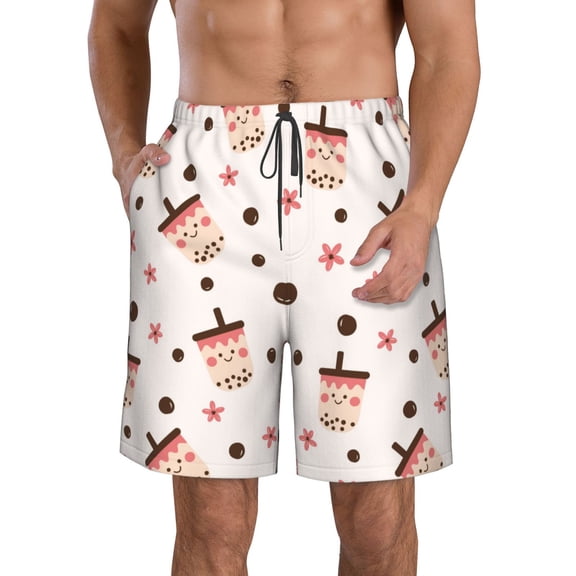 Naloa Boba Milk Tea Men's Beach Shorts, Surfing shorts, Swim trunks, Quick Dry Swim Trunks for Surfing Beach Fun - Small