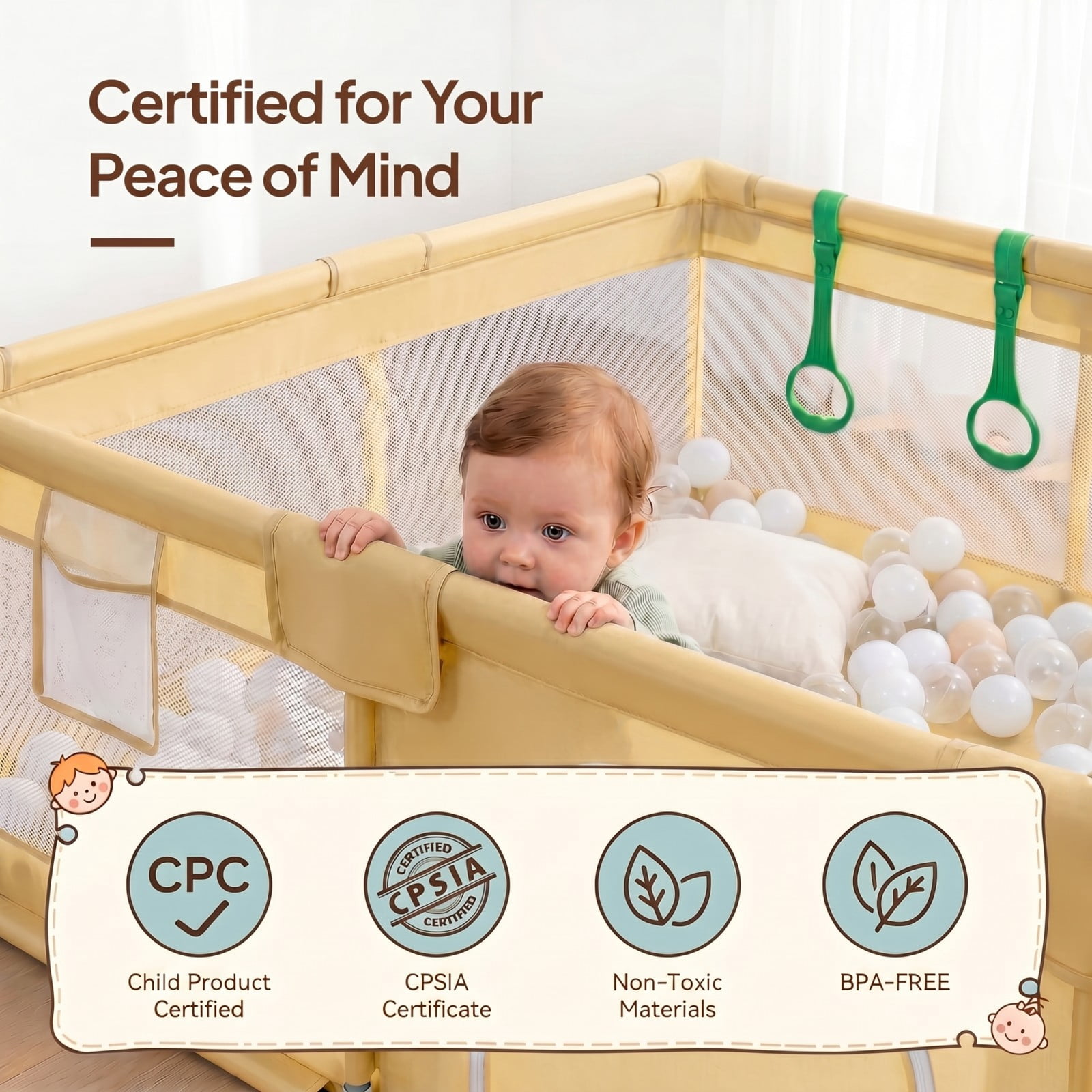 BEAUTYPEAK 48"x48" Large Baby Playpen Toddler Play Yard Fence for Boys and Girls, Pale Yellow