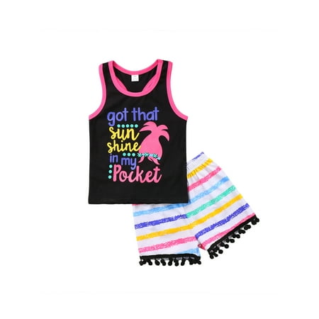 

Bmnmsl Toddler Baby Girl Outfit Clothes Tank T-shirt Top+Stripe Short Pants Outfit Set