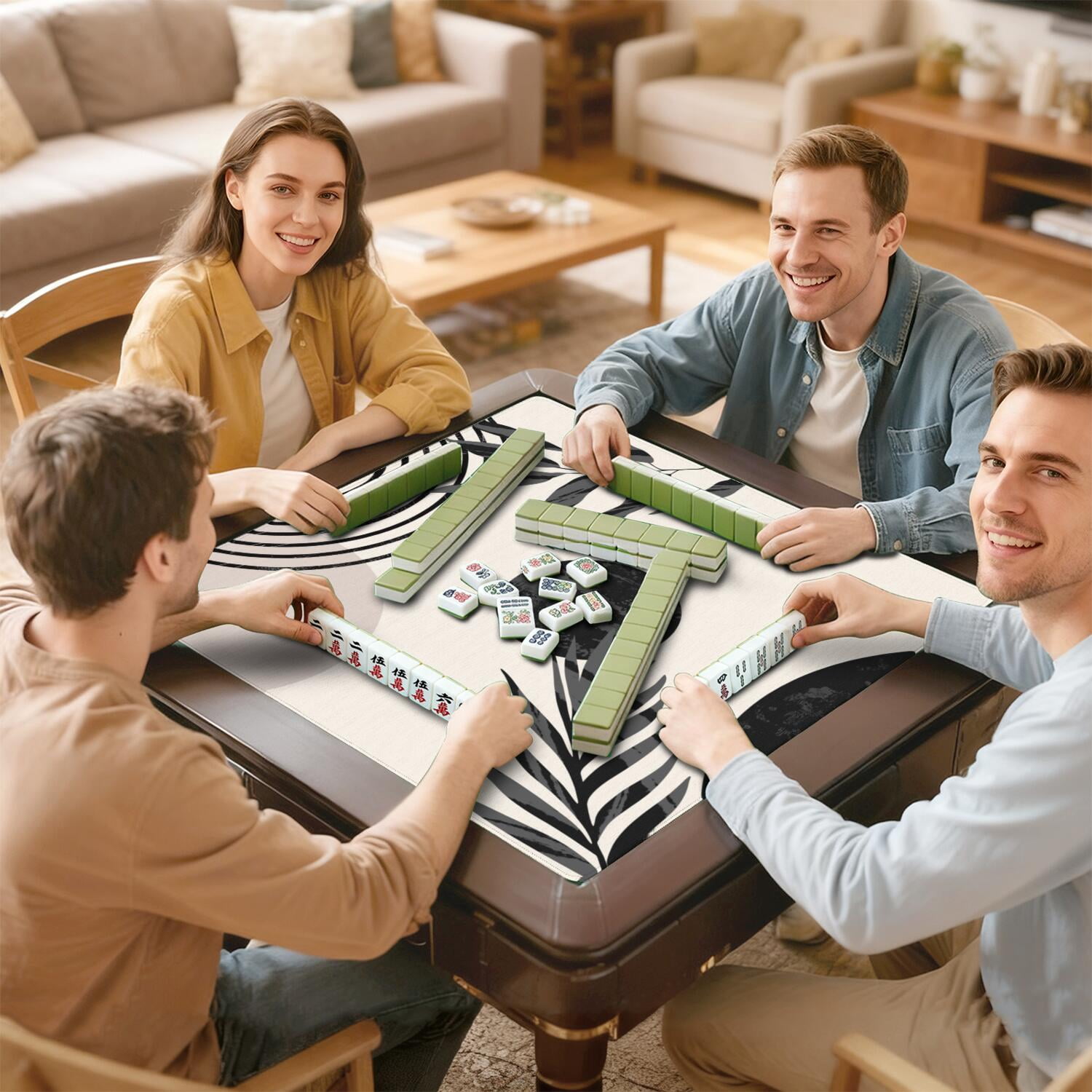 Boho Design Multi-Purpose Rubber Pad for Game Tables 31.5x31.5 Inch Large Mahjong Mat with Anti-Slip Grip and Quiet Surface for Tiles and Cards