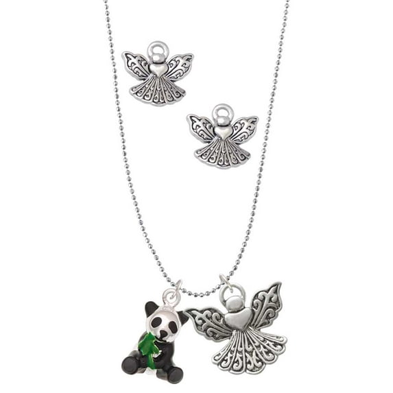 Delight Jewelry Silvertone Enamel Sitting Panda Silver tone Guardian Angel Charm Necklace and Stud Earrings