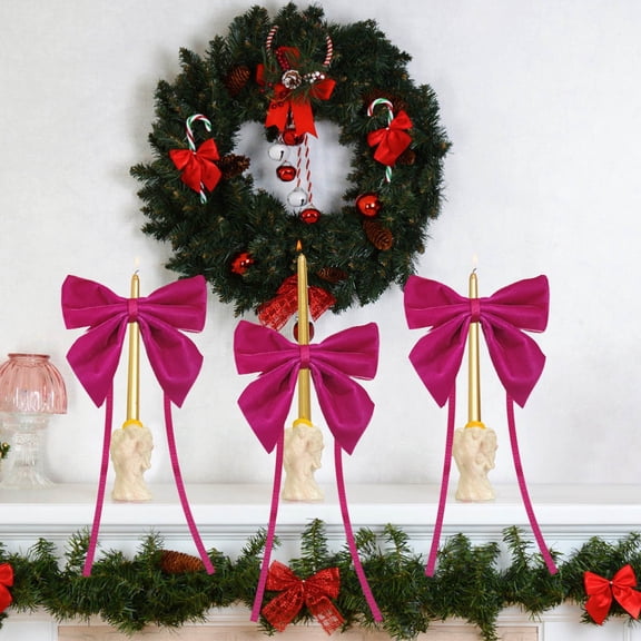 EWASWON 12 Pack Hot Pink Flocked Christmas Gift Bows - Velvet DIY Holiday Wrapping Ribbon Bows for Gift Boxes, Christmas Tree Decor