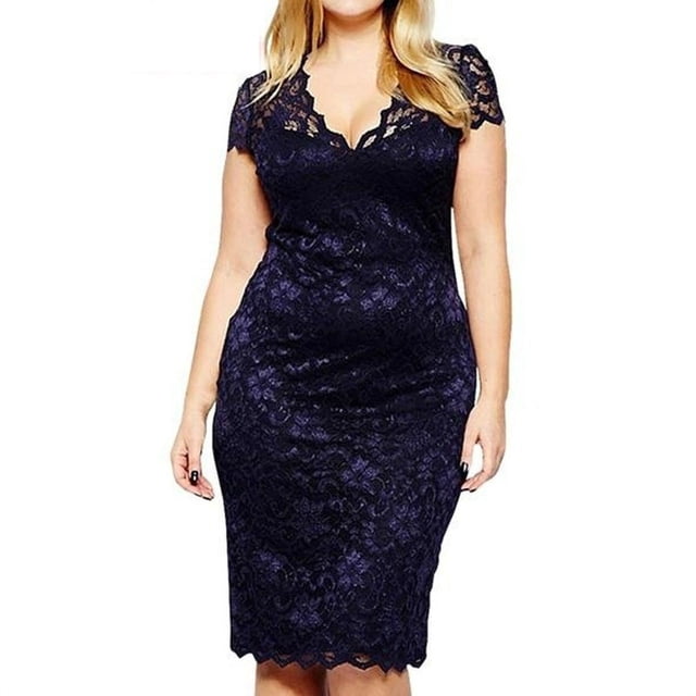 Vestidos de tubo de encaje para mujer Hasta la rodilla Vestidos con cuello en V Tallas grandes Adepaton CJWUS-4034