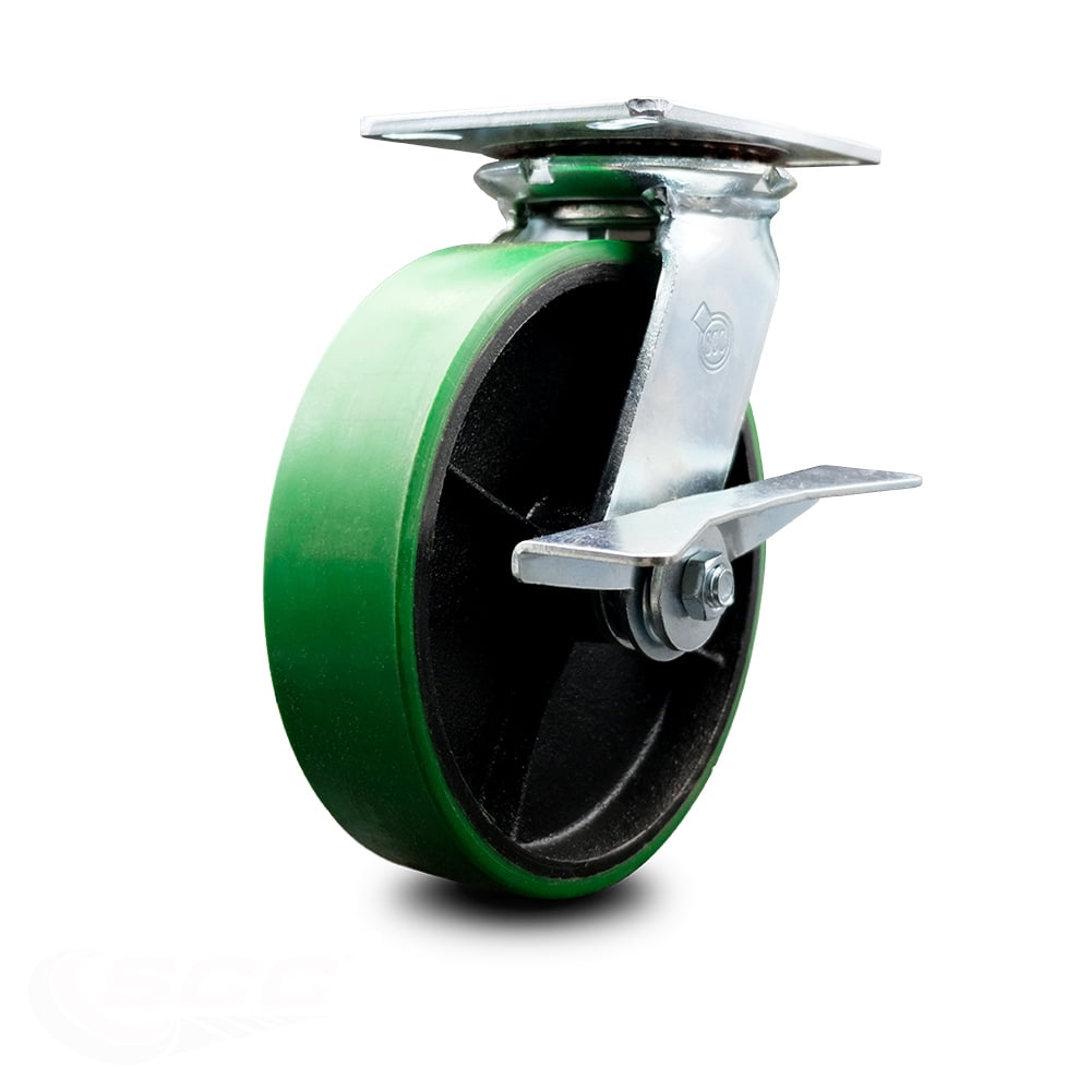 Ergonomic CASTERHQ 6" x 2" Green Poly On Iron Swivel/Ridigi Wheel Set Of 4 