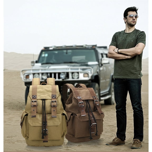 New Backpack Men's Backpack Large Capacity Canvas Bucket Bag Casual Men's Bag Travel Bag Primary and Secondary School Bags,Khaki