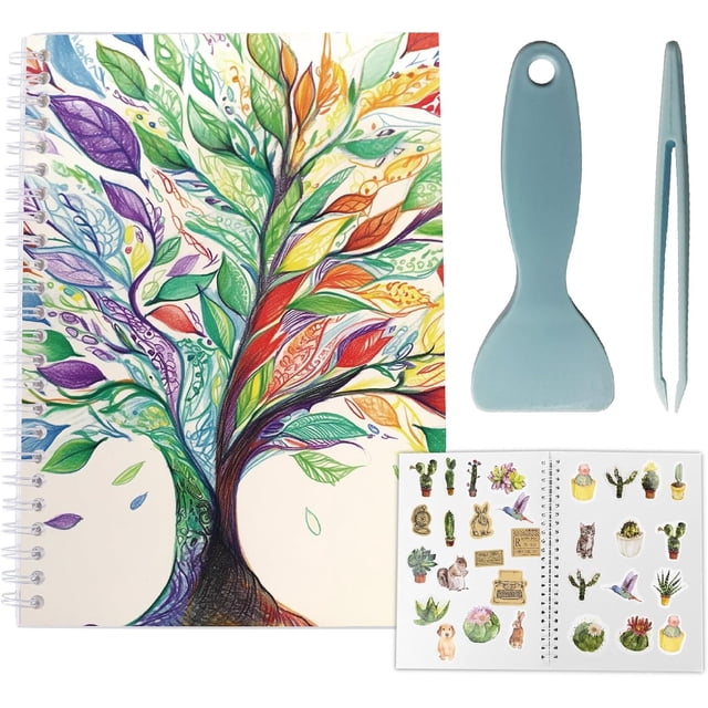 Álbum de pegatinas reutilizable, árbol de pegatinas, álbum de colección, tamaño A5, 40 hojas, organizador de pegatinas reutilizables, libro de almacenamiento, libro de pegatinas con pinzas y espátula