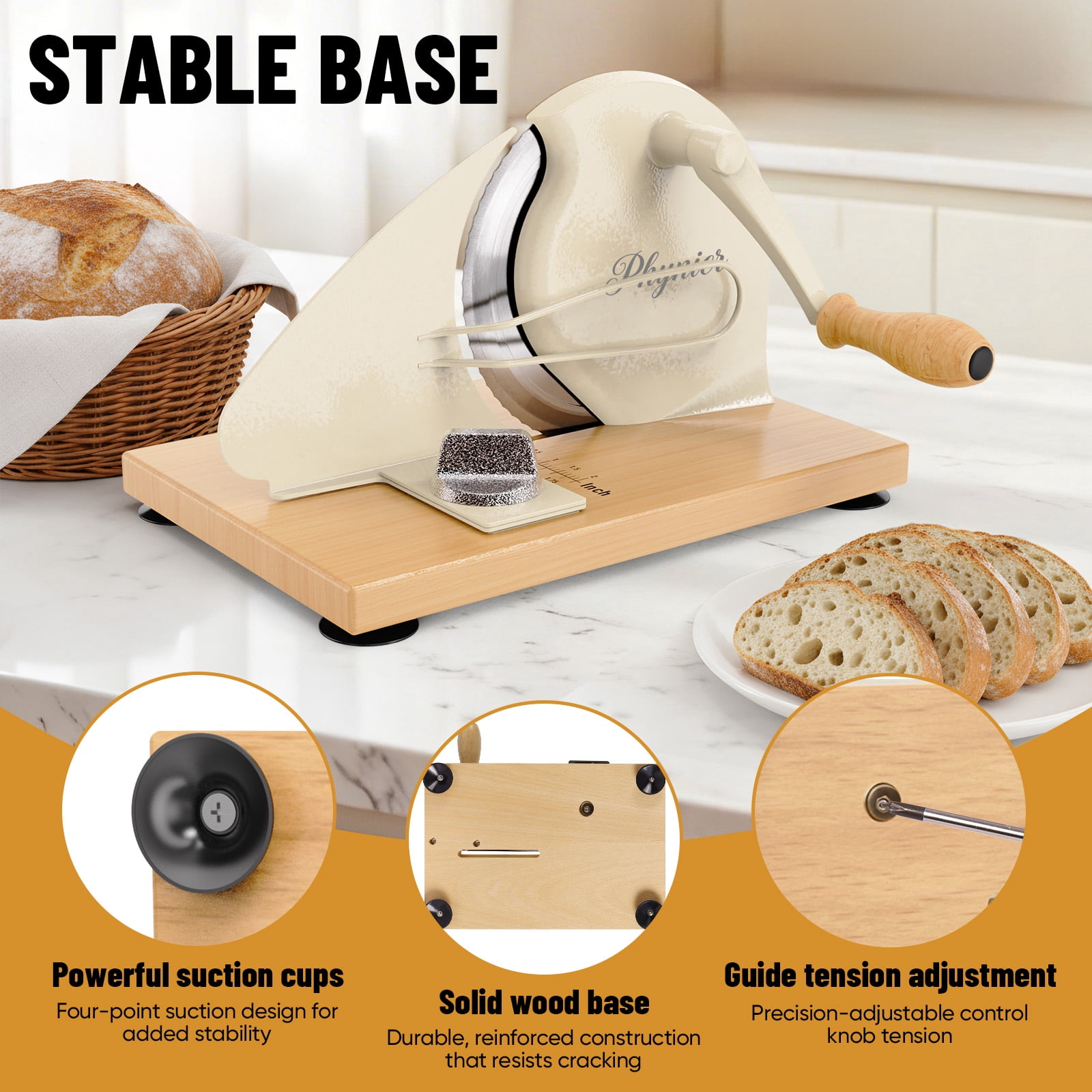 Upgrade Manual Bread Slicer for Homemade Bread, Sourdough Slicer with Hand Crank, Metal Guide Rail, Non-Slip Suction Base & Sharp Blade, Adjustable Thickness and Evenly Slicing