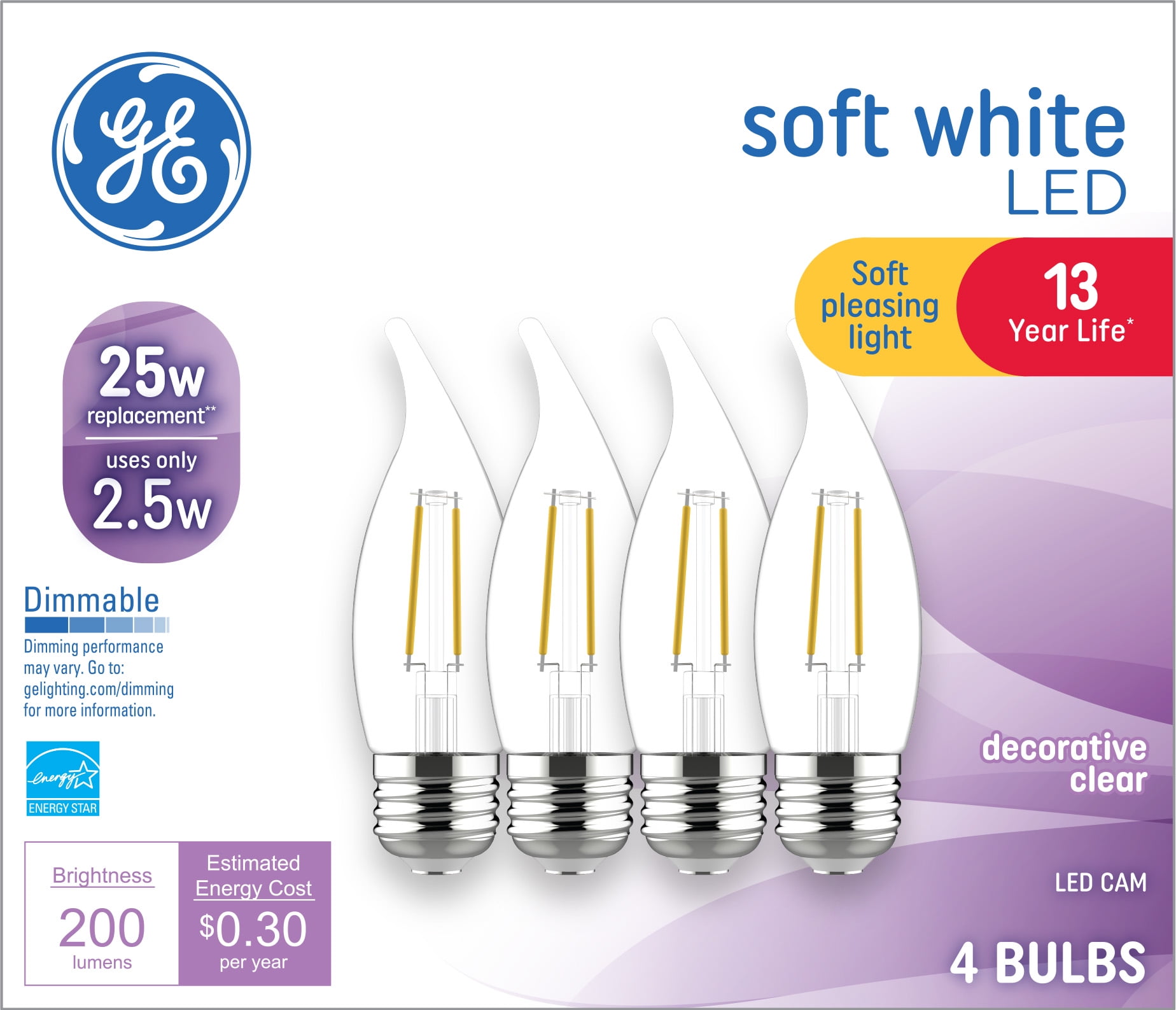 GE Soft White LED Decorative Light Bulbs, 25 Watt Eqv, 13 year, 4pk