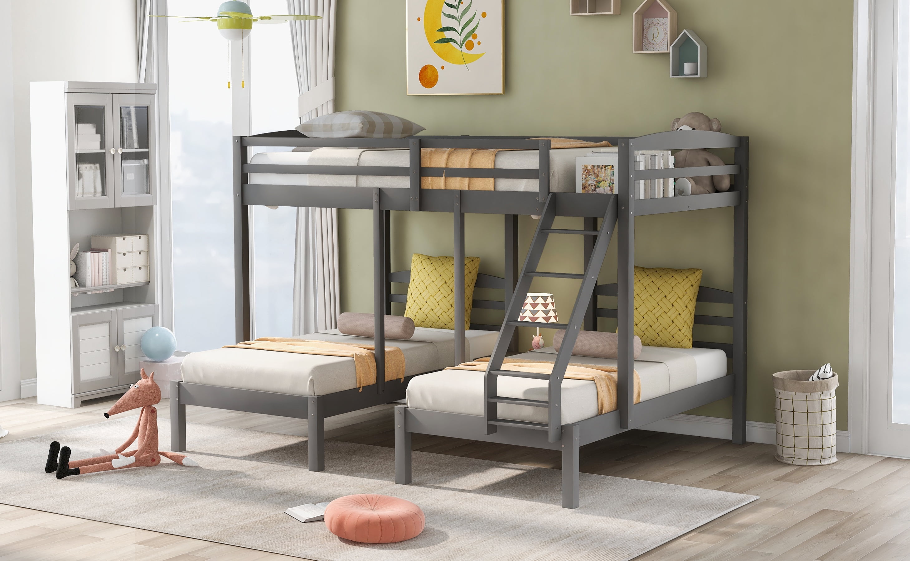 Euroco Full over Twin & Twin Bunk Bed, Wood Triple Bunk Bed for Kids' Room, Gray
