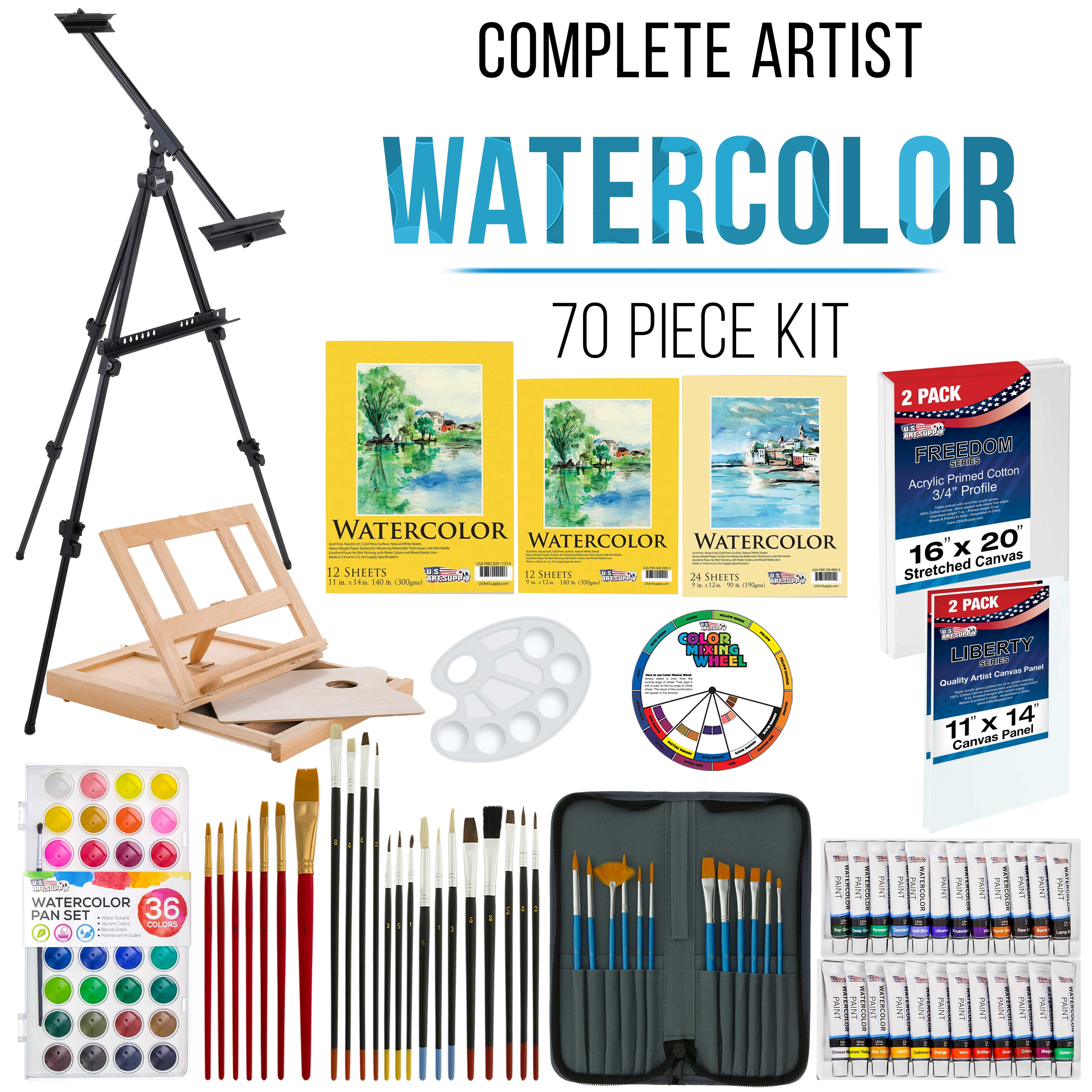 U.S. Art Supply 70-Piece Artist Watercolor Painting Set with Aluminum Field Easel, Wood Table Easel, 60 Watercolor Paint Colors, 34 Brushes, 2 Stretched Canvases, 6 Canvas Panels, 3 Paper Painting Pad