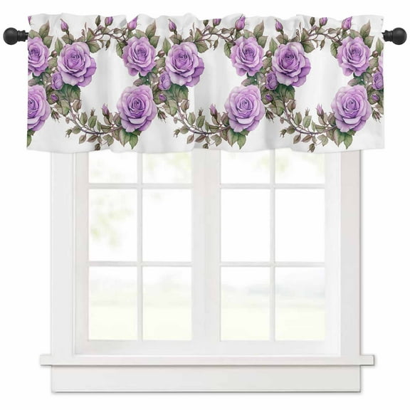 Purple Rose Valances for Windows Farmhouse Kitchen Curtains Valances Rod Pocket Valance Curtains for Kitchen Windows Spring Flower Watercolor Modern Floral Leaf Window Valances for Bathroom 42"x12"