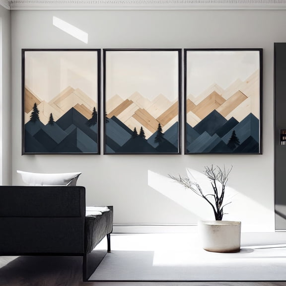 Navy Wood Texture Mountain Wall Art Set 3 Unframed Paper Print 8x12