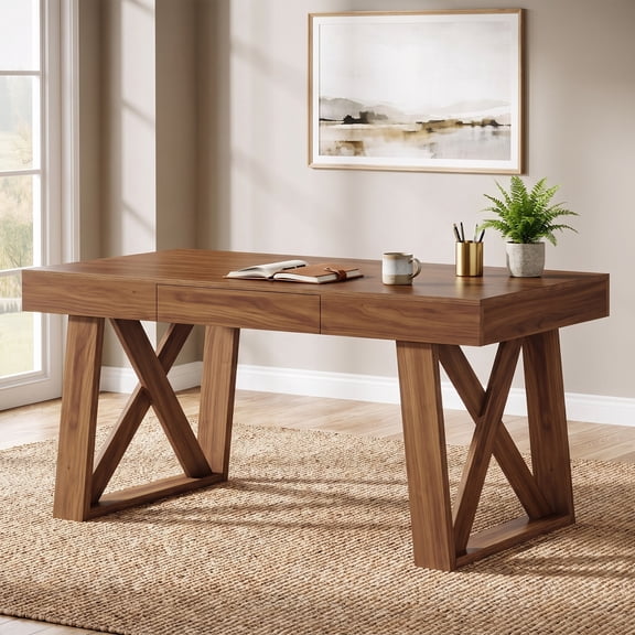 Fnova 55.12" Farmhouse Home‑Office Desk with Smooth‑Glide Storage Drawer, X‑Shaped Cross‑Braced Legs for Study, Workstation & Gaming