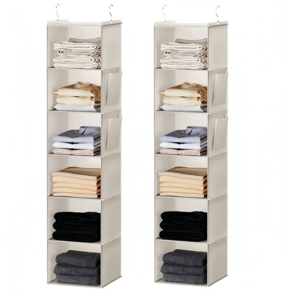 2 Pack 6-Tier Closet Hanging Organizer, Beige Hanging Clothes Storage with 2 Side Pockets, Foldable Hanging Shelves for Wardrobe, Bedroom, RV