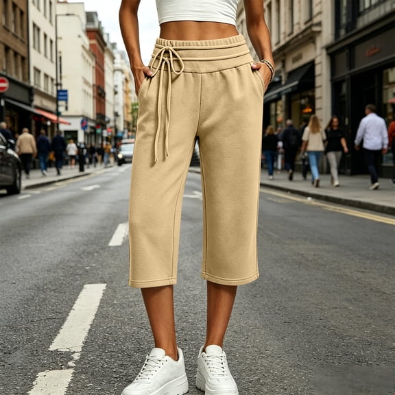 Capri Pants for Women Solid Color Loose Wide Leg Jogger Pants Elastic Double Drawstring Waist Button Cuff Thick Warm Fleece Stretch Breathable Casual Street Daily Walking Shopping Outdoor