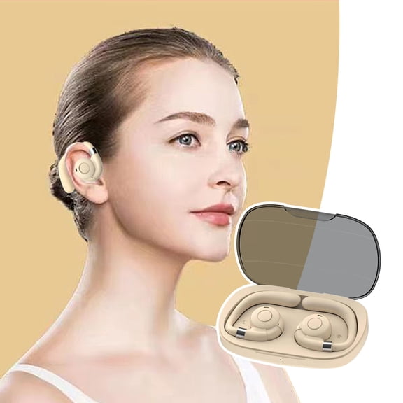 Open-Ear, Bone Conduction Sport Headphones - Sweat Resistant, Workout Headphones with 30ft Bluetooth - Secure, Wireless, Comfortable Fit - Deep Bass and Smart Mic App(Beige)