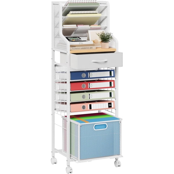 10-Tier Rolling File Cart - Mesh Paper Organizer with Drawer and Hanging File Folders on Lockable Wheels, Rolling File Cabinet for Office Organization, Storage in Home, Studio, School, White