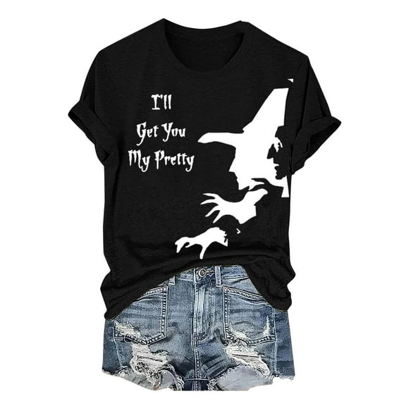 HCURIBAD T Shirts for Women, Graphic Tees Women's Halloween Witch Print Crew Neck T Shirt, Funny T-shirts, Womens Casual Tops, Sale Black L