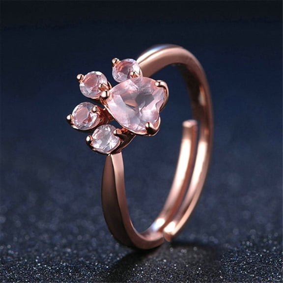 Adjustable Golden Cat Paw Print Ring with Inlaid Zircon Copper Rhinestone for Women Fashion Jewelry, Adjustable Opening