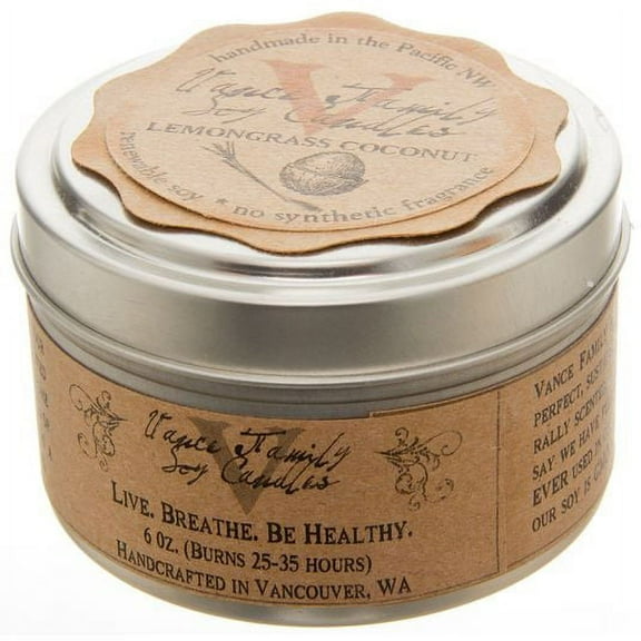 Vance Family Soy Candles Soy Candle, Lemongrass Coconut, in Tin, Non-GMO-6 oz