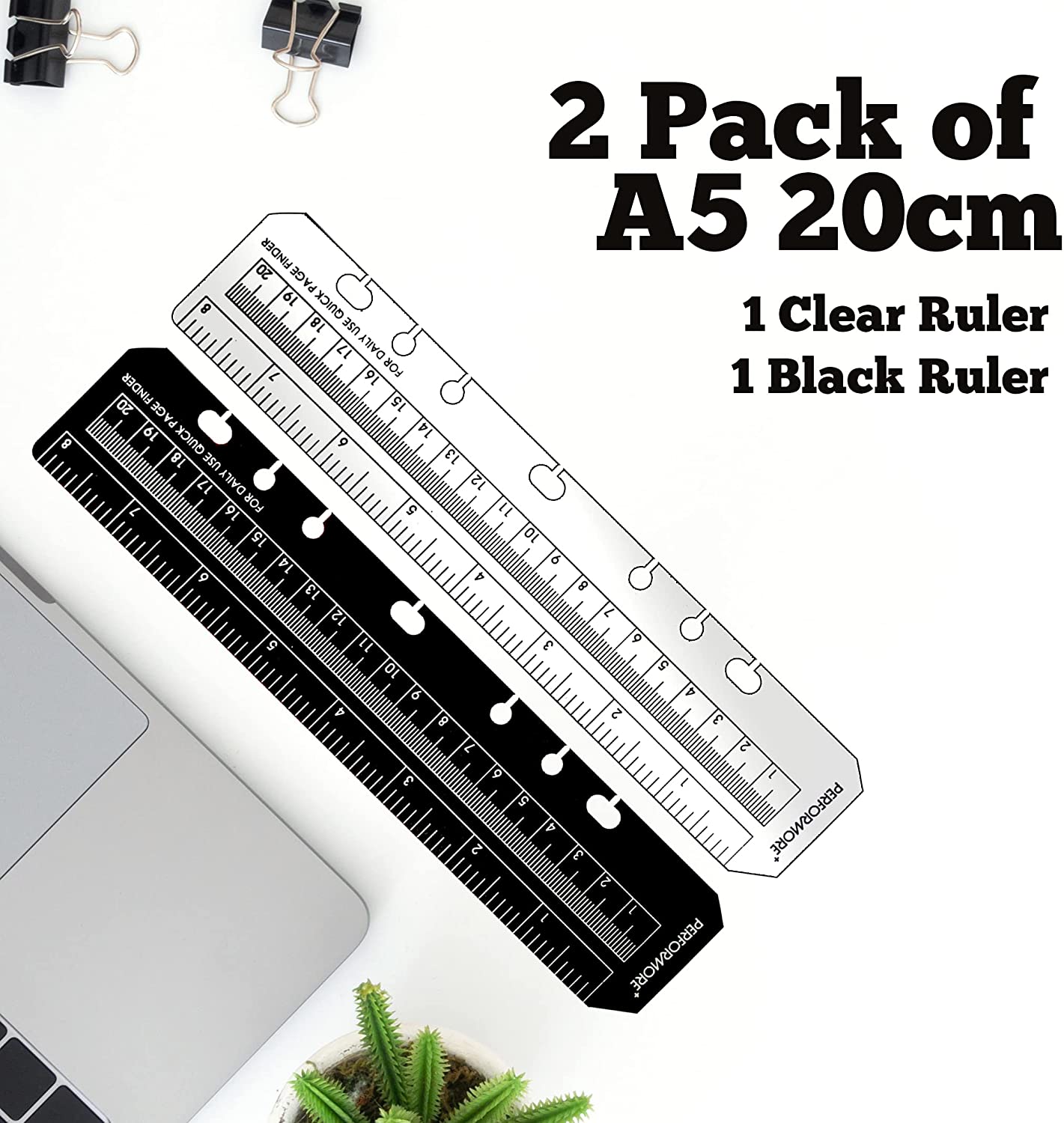 PERFORMORE 2 Pack of Snap-in 8 Bookmark Rulers, Black and Clear Plastic  Page Marker Divider Pagefinder Measuring Today Ruler for A5 Size Binder  Notebook Planner with Up to 7-Hole Ring Configuration 