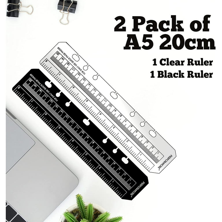 PERFORMORE 2 Pack of Snap-in 8 Bookmark Rulers, Black and Clear Plastic  Page Marker Divider Pagefinder Measuring Today Ruler for A5 Size Binder  Notebook Planner with Up to 7-Hole Ring Configuration 