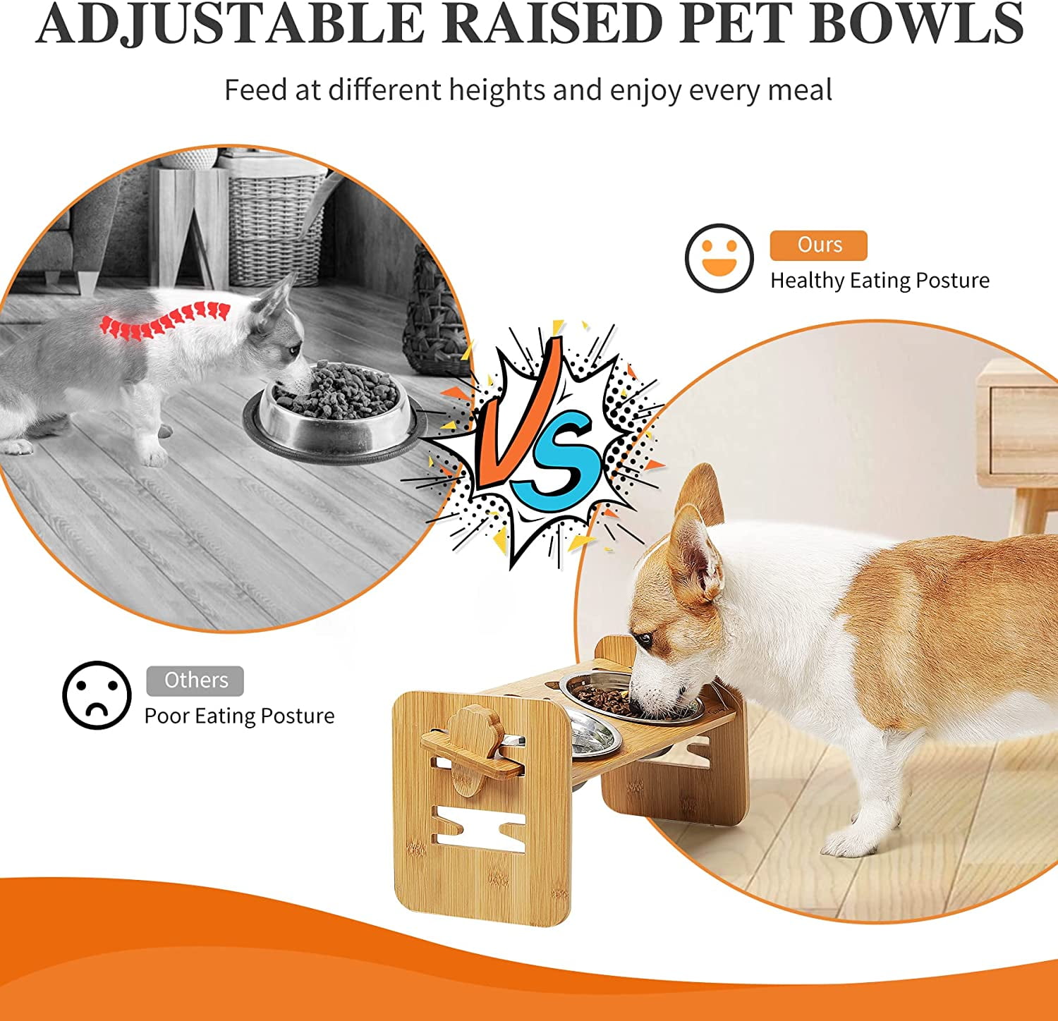 Raised Pet Bowls for Cats and Small Dogs, Bamboo Elevated Dog Cat