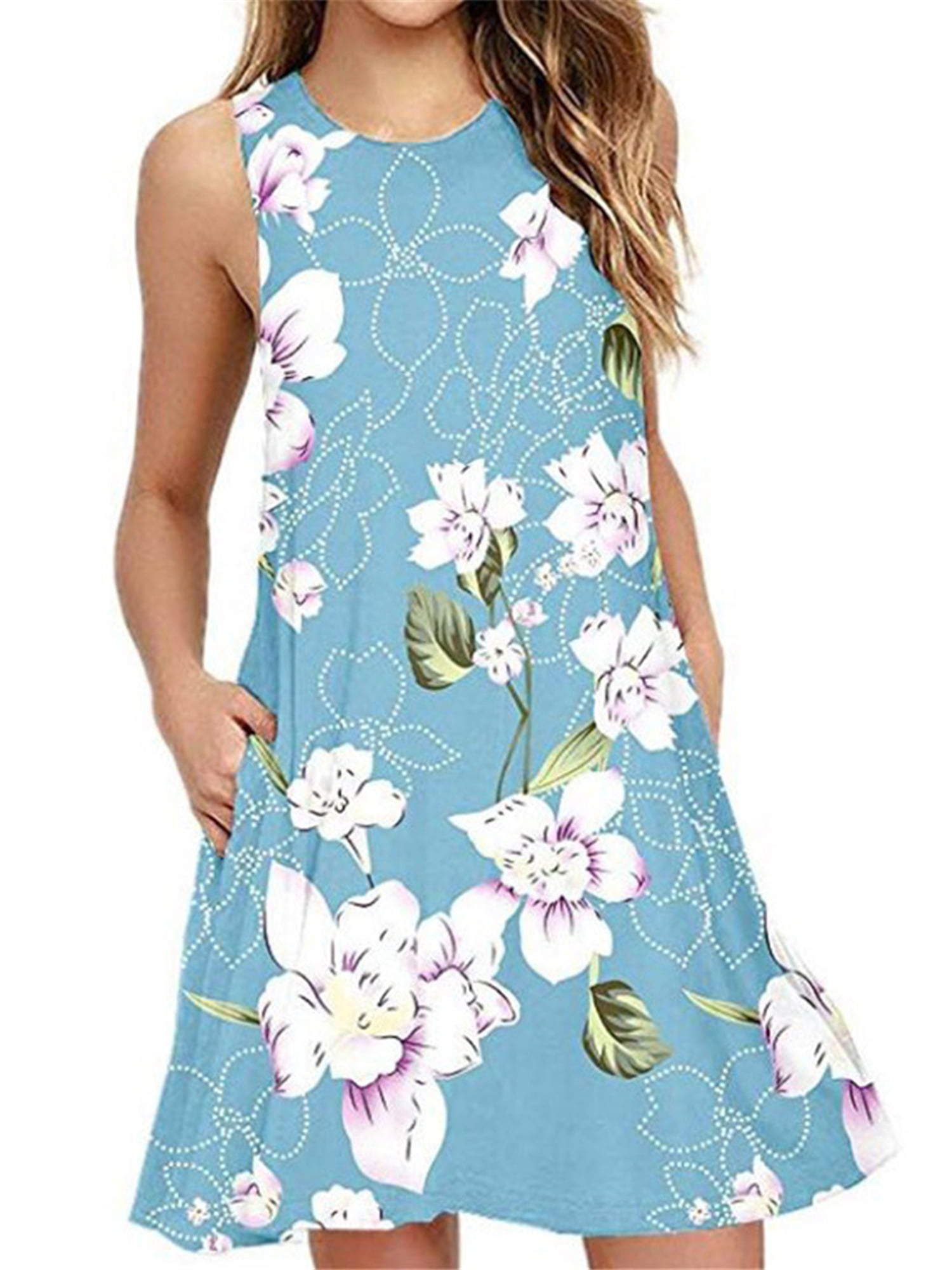 Womens Summer Plus Size Zipper Mini Dress Baggy Floral Crew Neck Casual ...