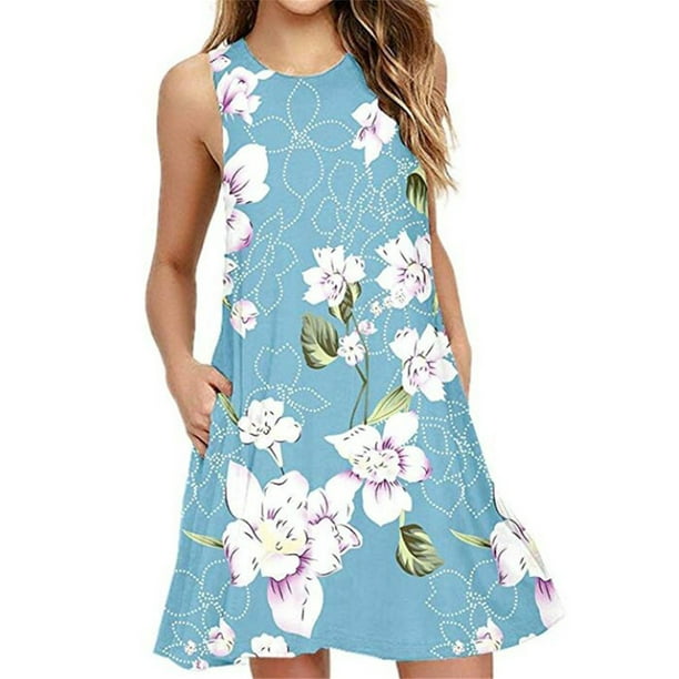 WEARELLA - Womens Summer Plus Size Zipper Mini Dress Baggy Floral Crew ...