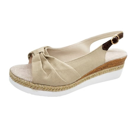 

Mortilo Ladies Fashion Summer Solid Color Fabric Casual Straw Bottom Wedge Buckle Sandals Cloth sandals for Women Beige