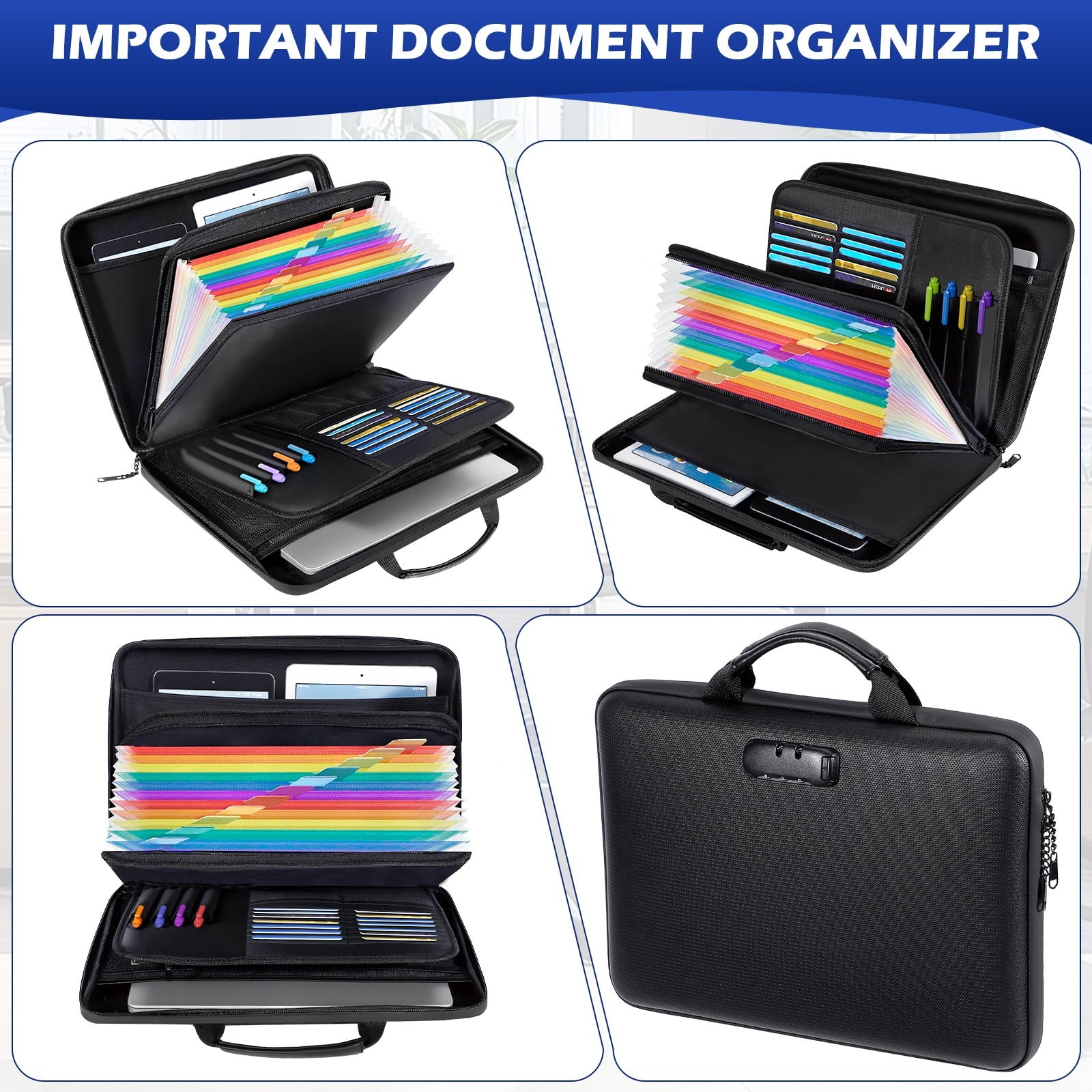 Fireproof Document Box, Fireproof File Organizer with Lock,ANUNU Hard-Shell Case Fireproof Document Box with 13 Pocket Accordion File Folder, Portable Home Office Travel Safe Storage （black）