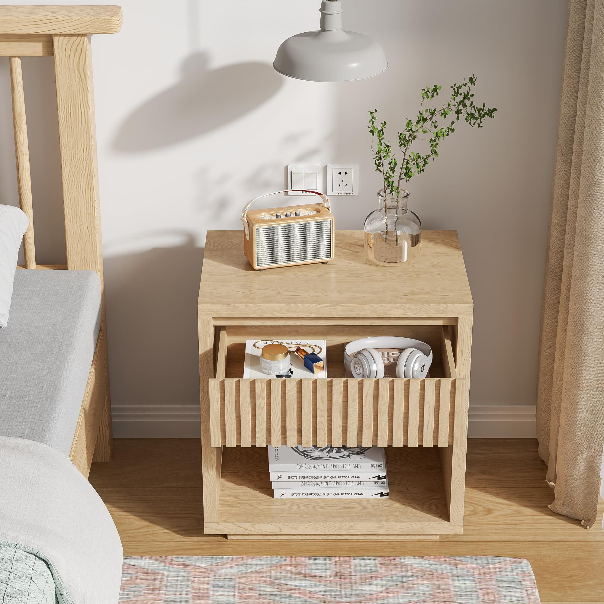 Fluted Nightstand with Drawer Storage, Mid Century Bedside End Table for Bedroom, Wood, 1 pcs