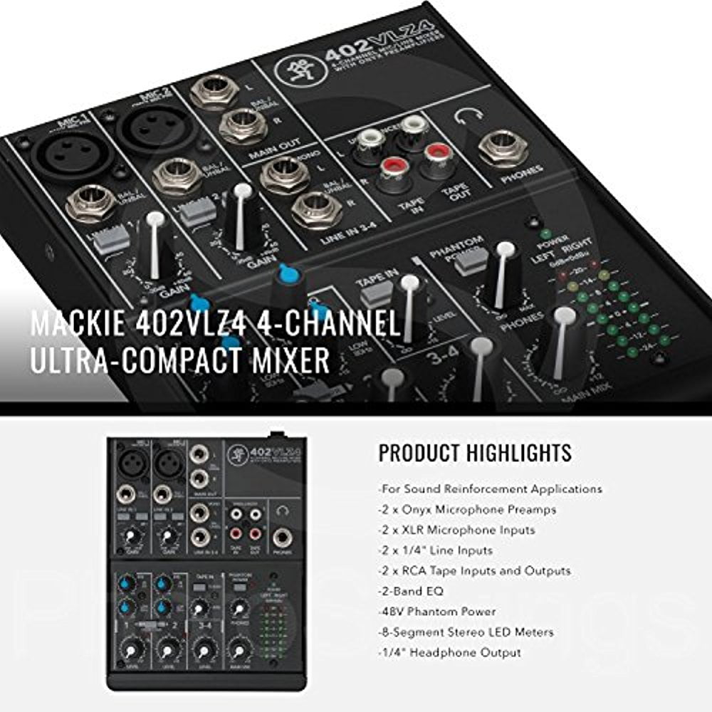 Fibertique Cleaning Cloth Mackie 402VLZ4-4-channel Ultra Compact Mixer with Preamps and Basic Bundle w/ 4X Cables 