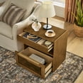 thumbnail image 2 of GZXS Mid-Century Modern Bedside Table with USB Ports & Outlets, Farmhouse Nightstand with Open Storage Shelf and Glass Drawer, 23.62"L x 15.75"W x 24.4"H, Light Walnut, 2 of 9