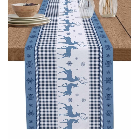Ldtrchee Blue Christmas Table Runner 70 Inches, Xmas Elk Snowflake Blue Plaid Bed Runner Dresser Scarves Tabletop for Indoor Outdoor Parties/Ceremony/Banquet, 13" x 70"