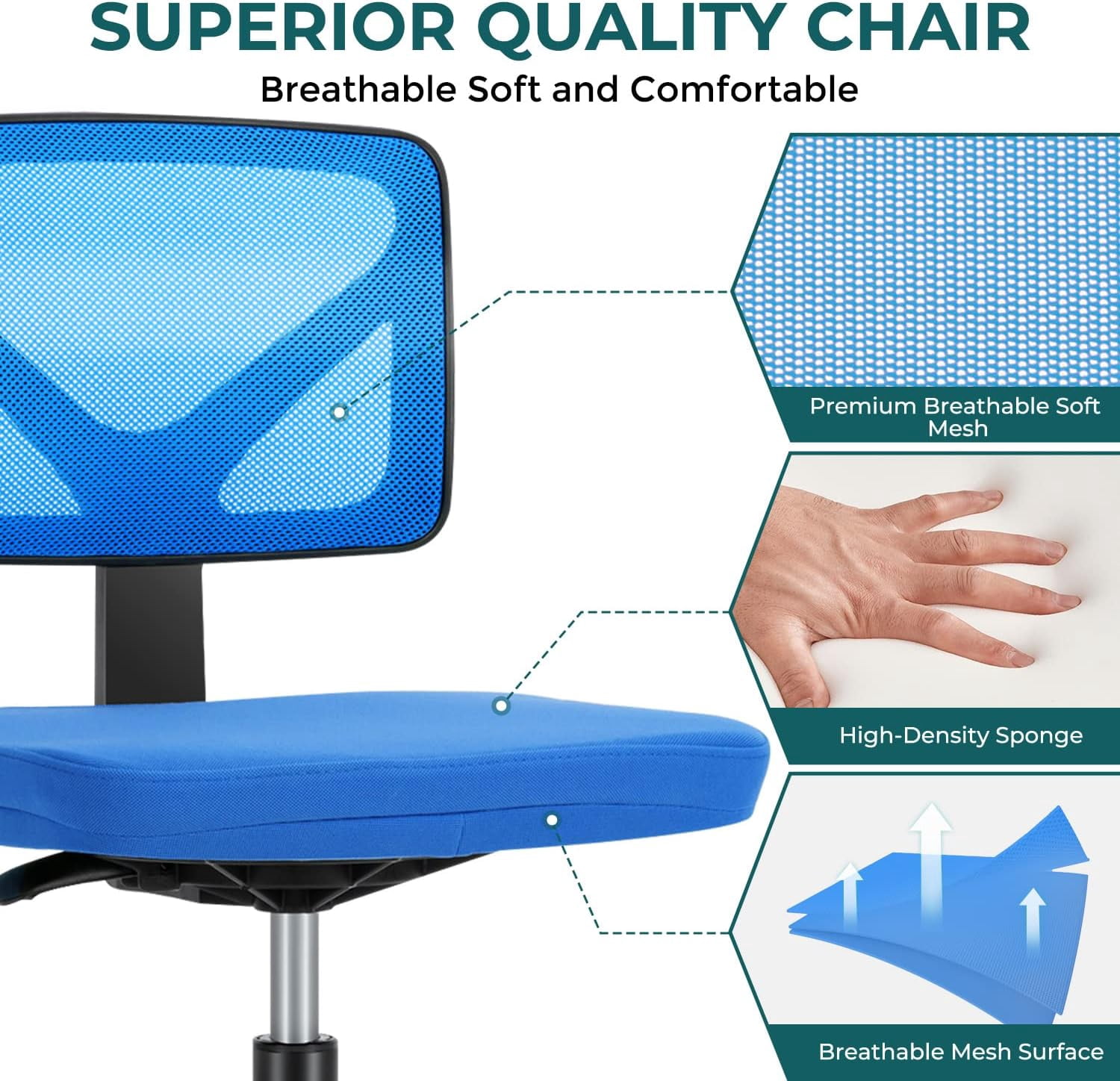 Armless Mesh Office Chair, Ergonomic Low-Back Swivel Desk Chair with Wheels and Lumbar Support, Height Adjustable, Blue
