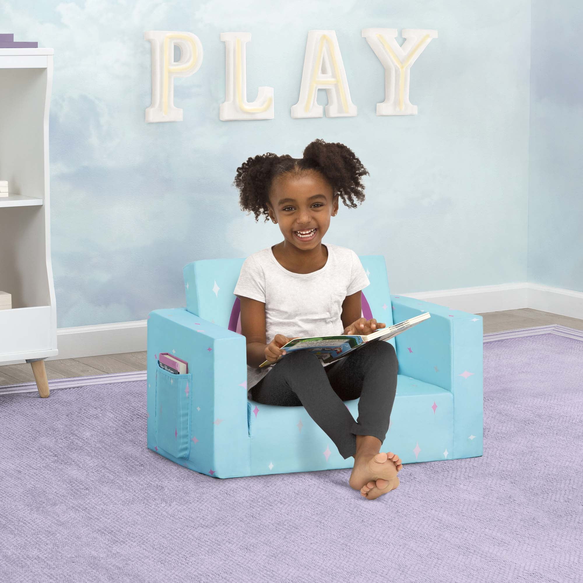 Delta Children Cozee Flip-Out Chair - 2-in-1 Convertible Chair to Lounger for Kids, Blue Unicorn
