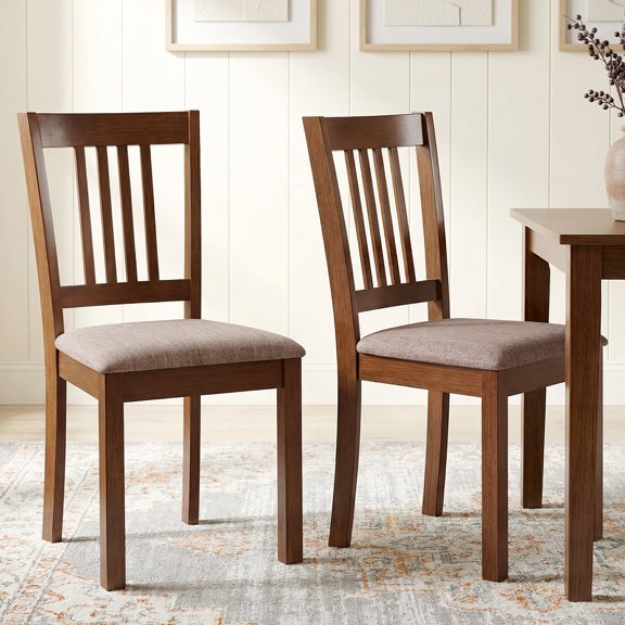 HOMCOM Dining Chairs Set of 2, Upholstered Kitchen Chairs with Rubberwood Frame, Padded Seat and Slat-Back for Living Room, Dining Room, Walnut