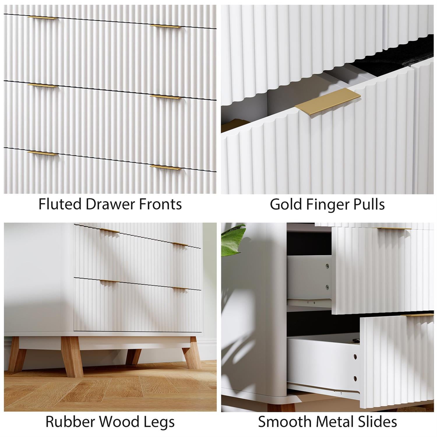 Demi Bonn 32" Wood Drawer Dresser, Fluted Design with Gold Pulls and Wood Legs, 4-Drawer Storage for Bedrooms, White