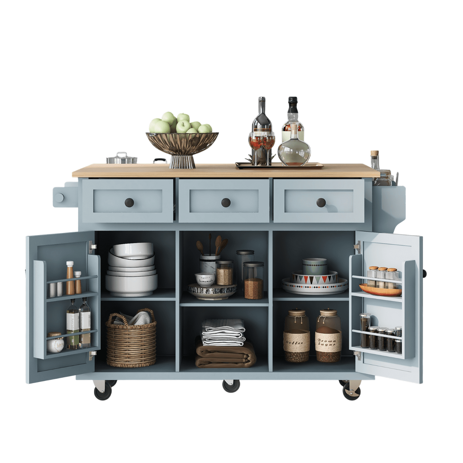 Homy Casa Rolling Kitchen Island with Drop Leaf, Storage Drawers, Spice Rack & Wheels, Dusty Blue