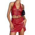 thumbnail image 1 of VISgogo - Conjunto de falda de piel sintética para mujer, cuello halter, sin mangas, cuello en V, chaleco con lazo cruzado + falda dividida de color sólido VISgogo  moda, 1 of 5