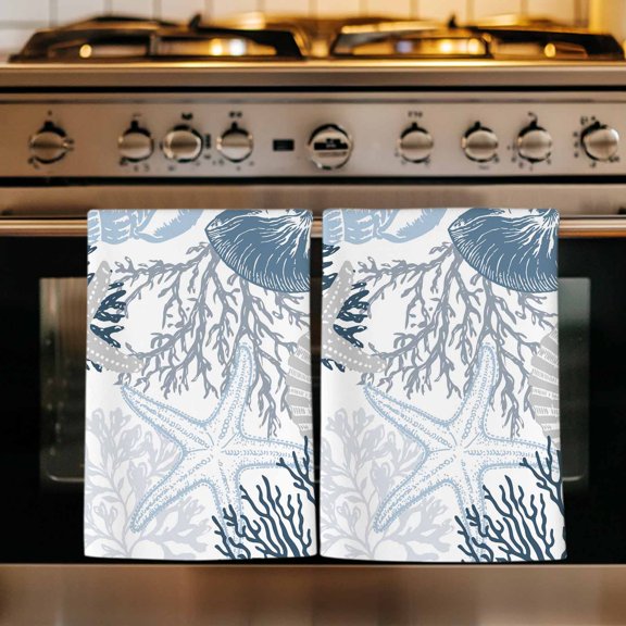 Lack Blue Coastal Kitchen Towels Set of 2, Grey Blue Sea Coral Starfish Nautical Absorbent Dish Towels for Kitchen, Microfiber Hand Towel, Quick Drying Tea Towel for Cleaning Decorative Dishcloths