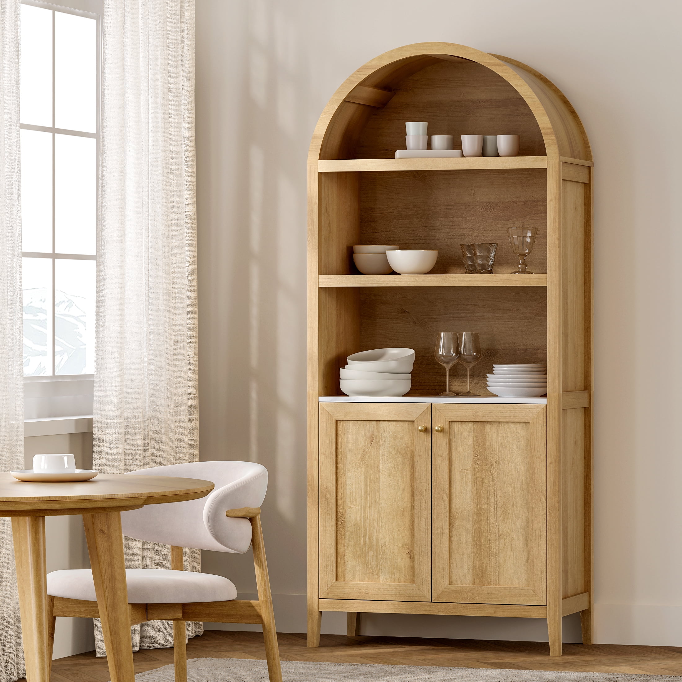 EYYTHUNG 71" Tall Arched Cabinet Modern Farmhouse 5-Tier Arched Bookcase Storage Display Cabinet with Faux Marble Top, Natural Oak