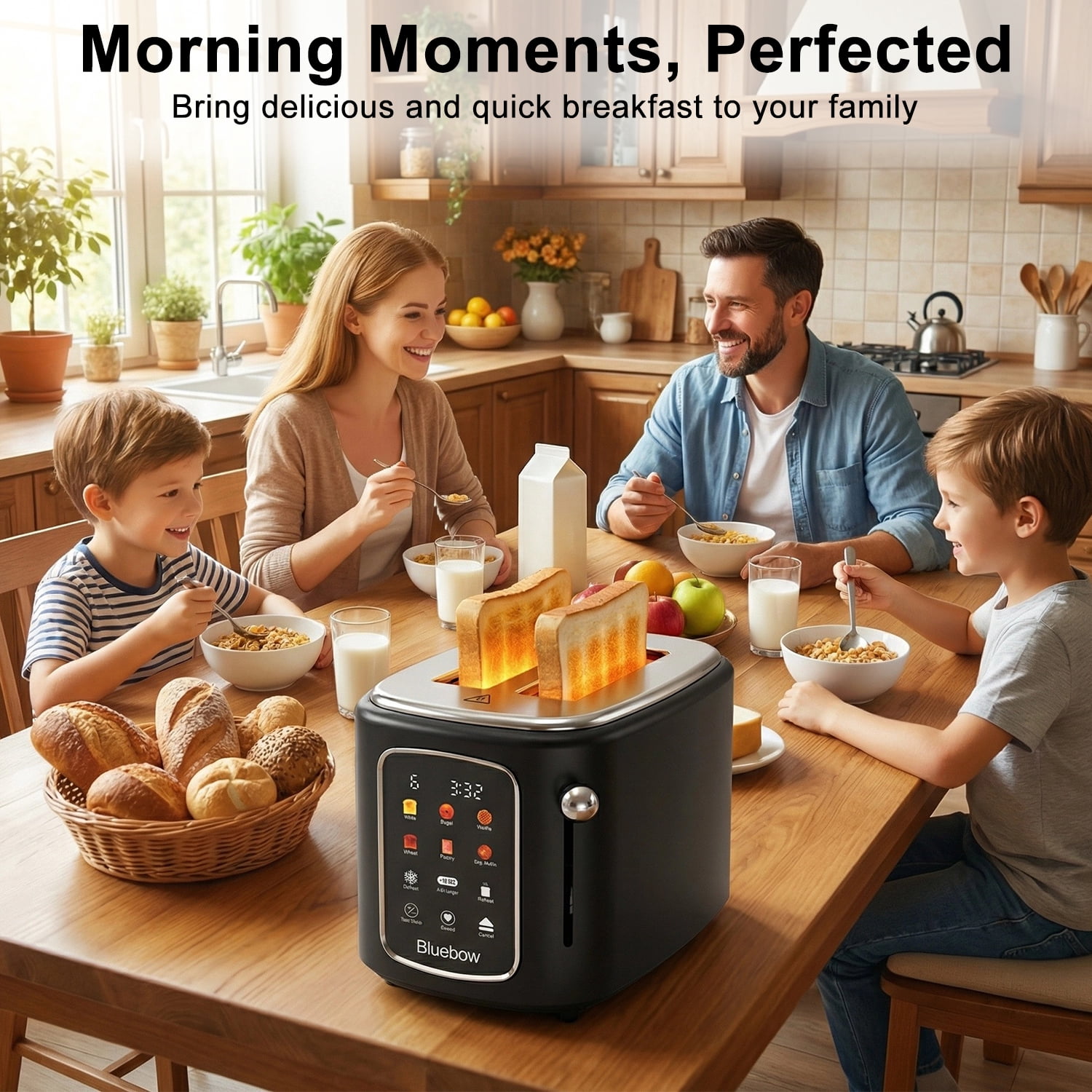 Bluebow 2-Slice Toaster, 1.5" Wide Slots, Touchscreen with 6 Bread Types & Shade Settings, Reheat, Defrost, Saved, Removable Tray, Black