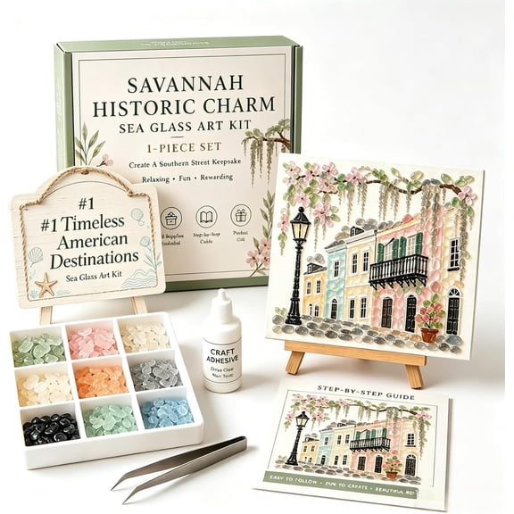 Sea Glass Art Kit Timeless American Destinations, DIY Sea Glass Acrylic Mosaic Craft Kit with Colorful Glass Pieces, Coastal Artwork for Adults, Handmade Decorative Wall Art Gift Home Decor