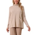 thumbnail image 1 of Suéter casual de punto con bolsillo y cuello alto para mujer Inspire Chic, de manga larga, otoño e invierno, talla S, color caqui, 1 of 6