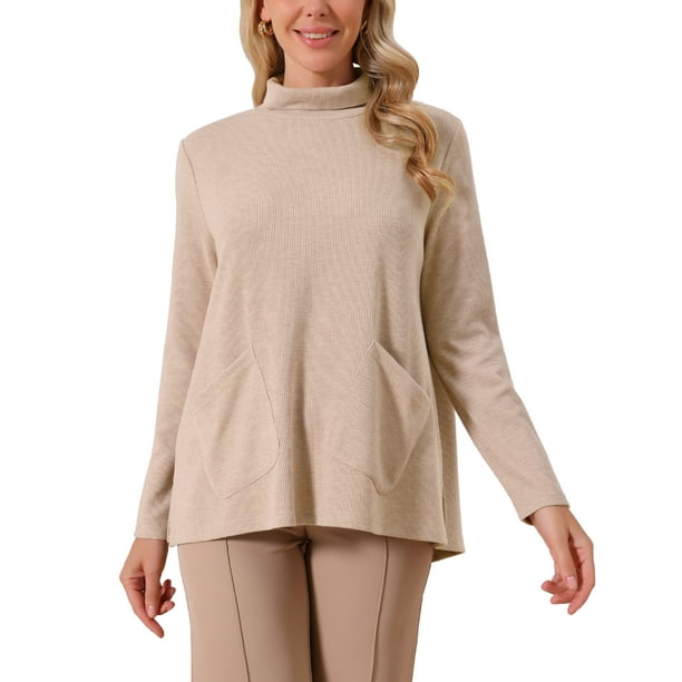 Suéter casual de punto con bolsillo y cuello alto para mujer Inspire Chic, de manga larga, otoño e invierno, talla S, color caqui