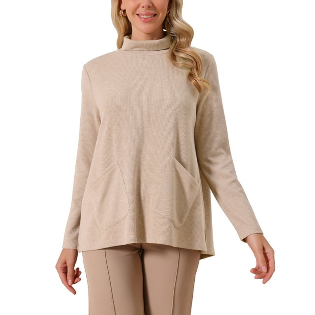 Suéter casual de punto con bolsillo y cuello alto para mujer Inspire Chic, de manga larga, otoño e invierno, talla S, color caqui